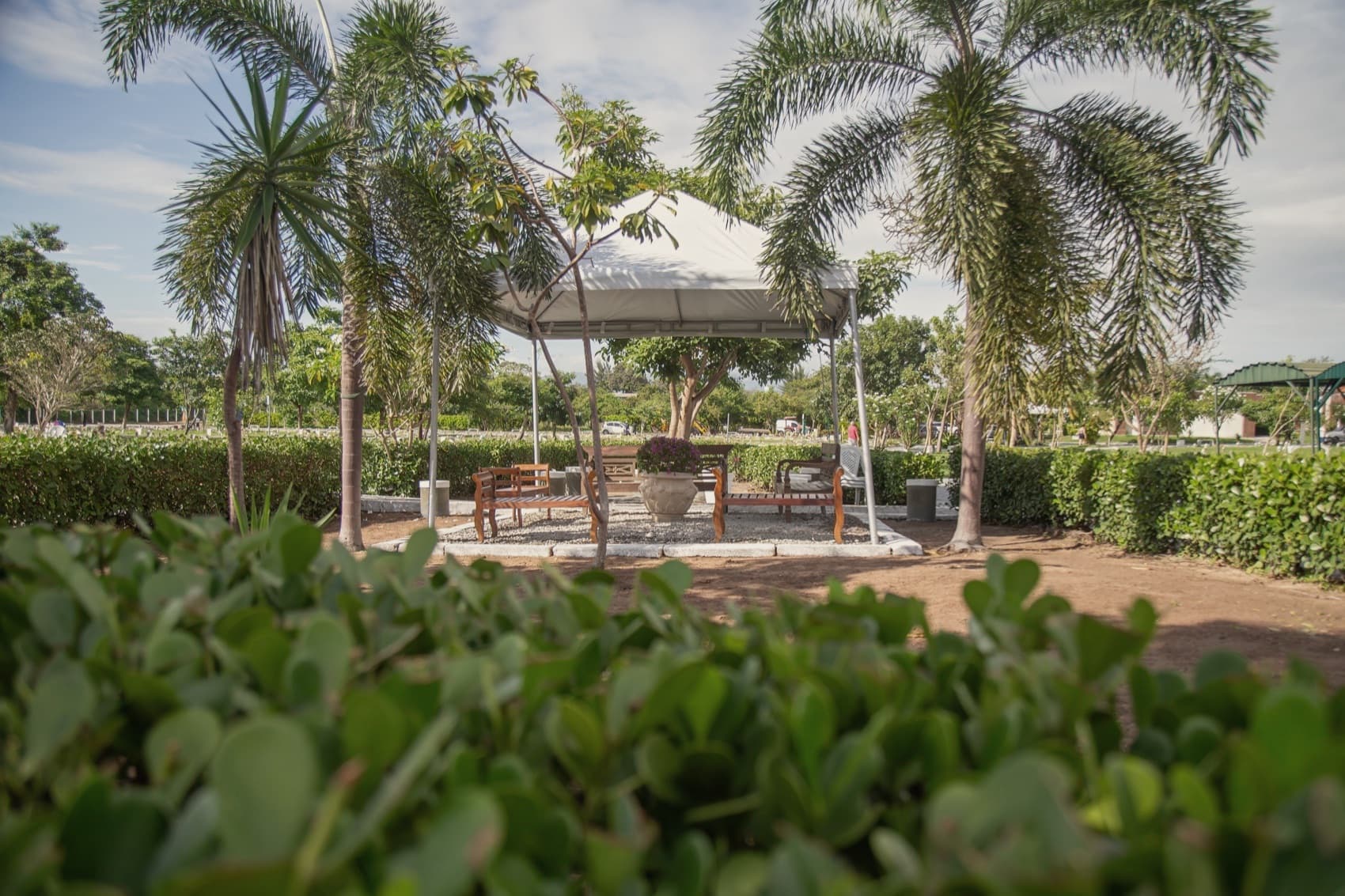 Jardim com gazebo e recantos do Parque da Saudade